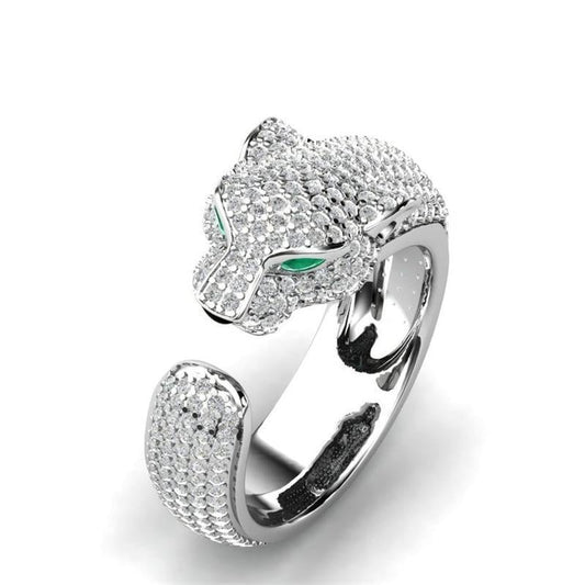 Adjustable Jaguar Ring in Silver and Rose Gold-Tone with Green Zirconia Eyes